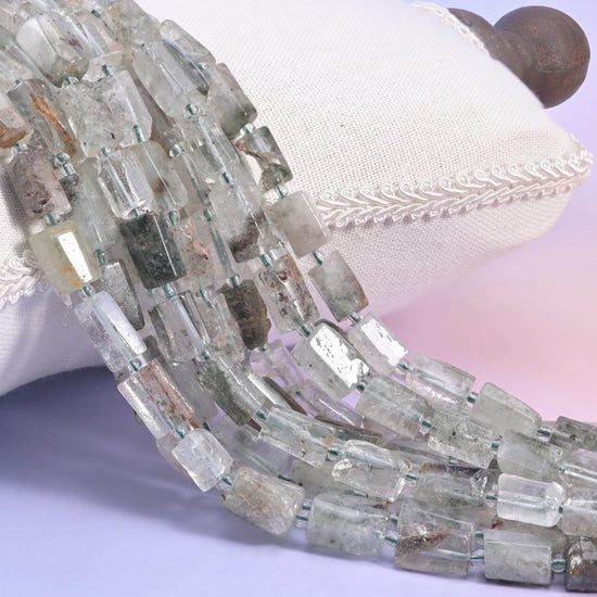 Green Phantom Quartz faceted tube cylinder beads, sleek modern shape with natural phantom inclusions