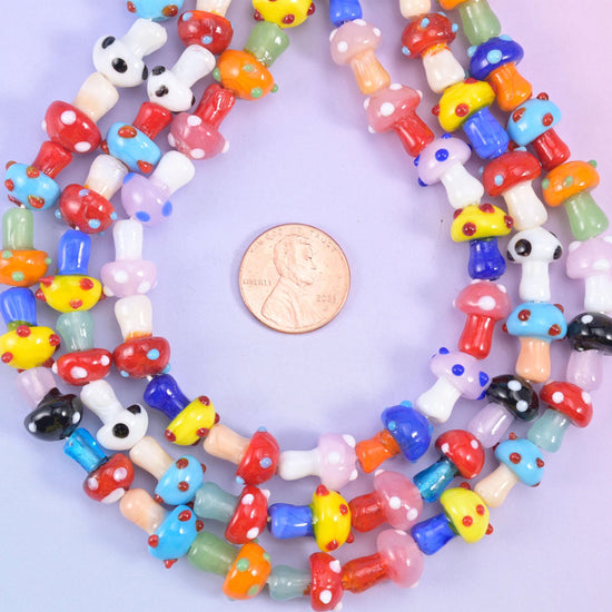Multi-Color Dotted Mushroom Glass Beads, little lampwork toadstools each speckled with contrasting dots