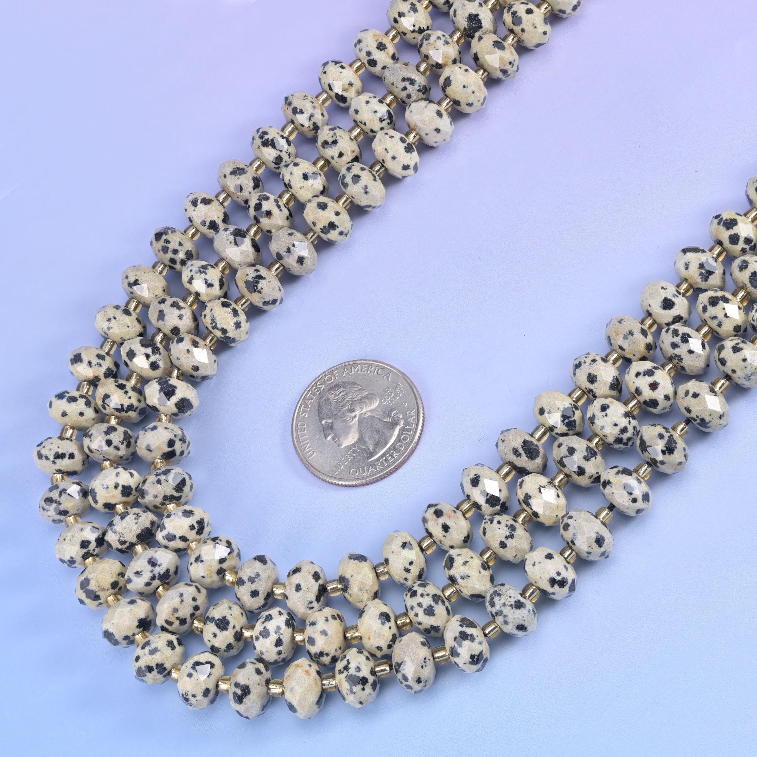 Dalmatian Jasper Faceted Rondelle Beads in cream and bone-white with black spots
