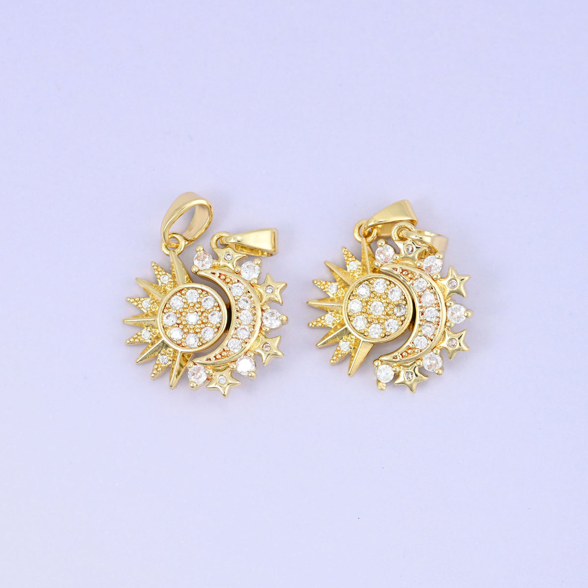 Sun and moon pendant pair, brass with 18K gold plating, approximately 17.97 x 17.79mm