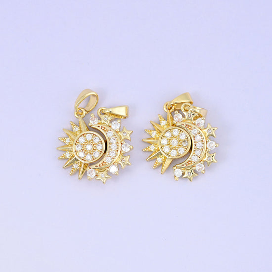 Sun and moon pendant pair, brass with 18K gold plating, approximately 17.97 x 17.79mm