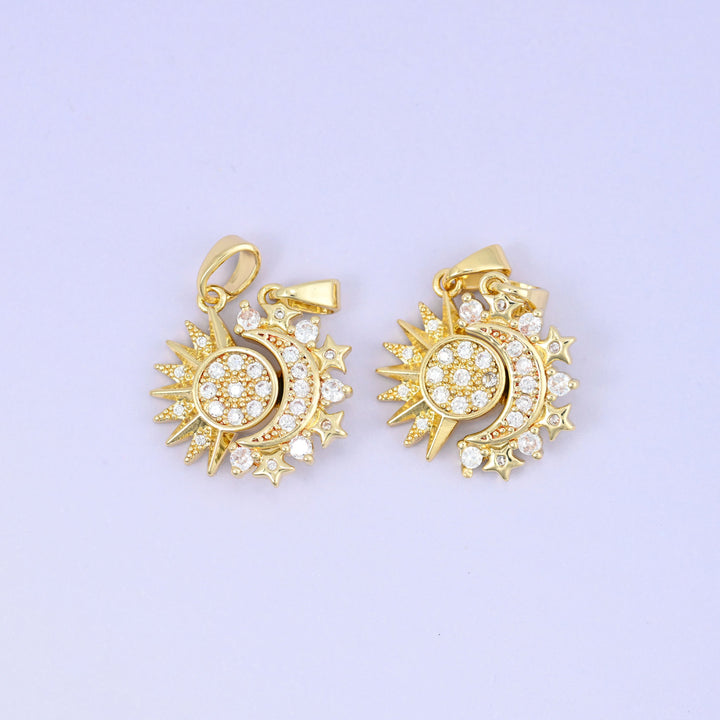 Sun and moon pendant pair, brass with 18K gold plating, approximately 17.97 x 17.79mm