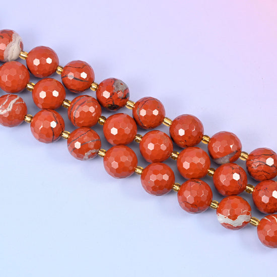 Faceted round Flower Red Jasper beads