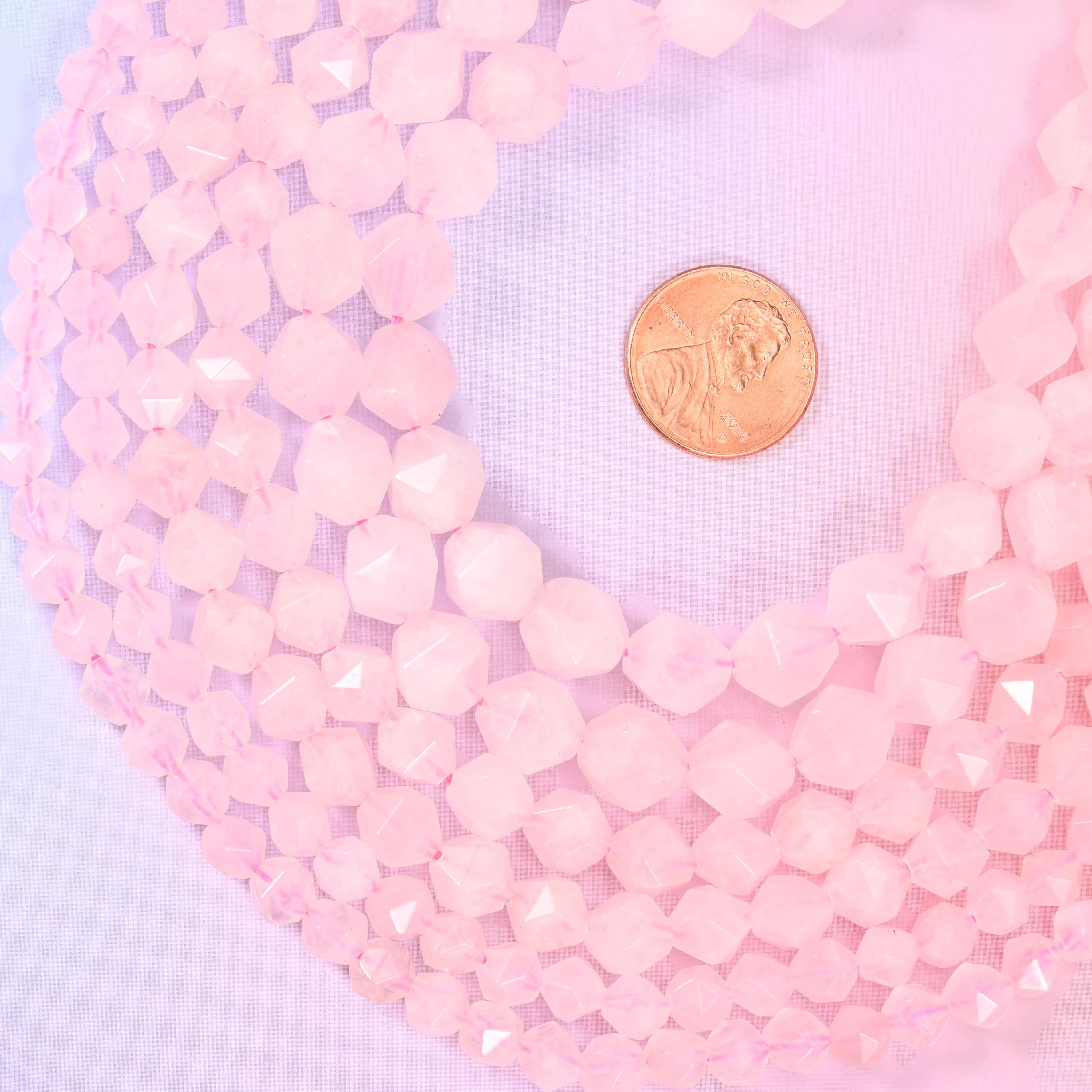Rose Quartz Faceted Diamond Star Cut Beads, sold per 15.5 inch strand