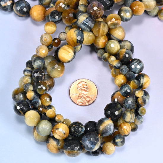 Gold Blue Dream Tiger Eye Faceted Round Beads 6mm 8mm 10mm 12mm Jewelry Making 15 Inch Strand