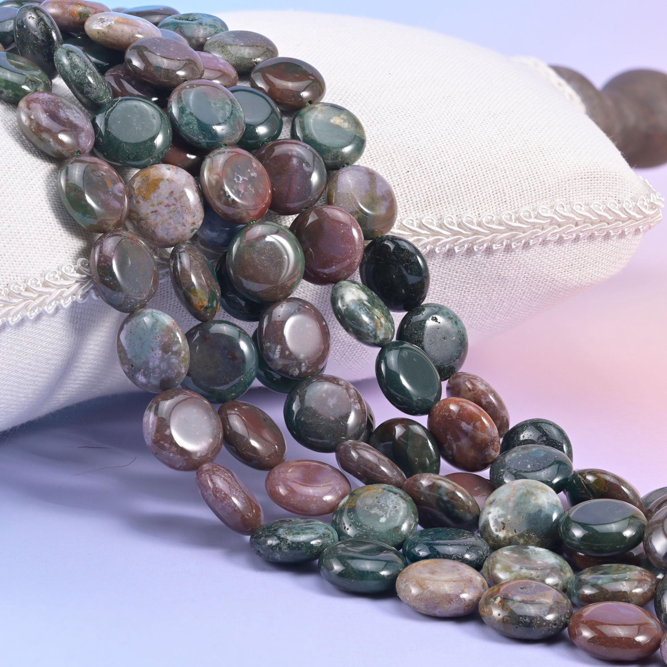 Natural Indian Agate smooth coin beads in mossy forest green, plum brown, dusty rose, and pale cream