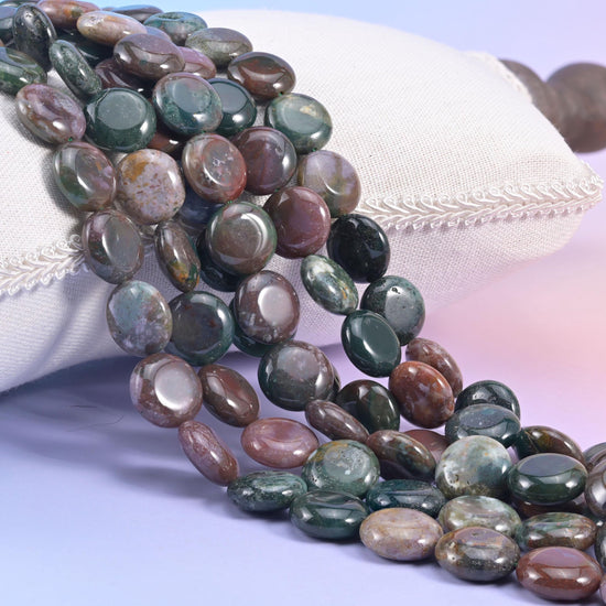 Natural Indian Agate smooth coin beads in mossy forest green, plum brown, dusty rose, and pale cream