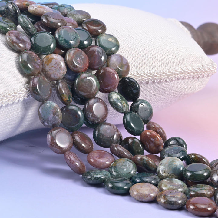 Natural Indian Agate smooth coin beads in mossy forest green, plum brown, dusty rose, and pale cream