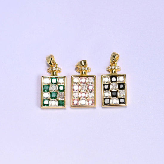 Perfume bottle charm in a rectangular bottle silhouette with pave zircon squares