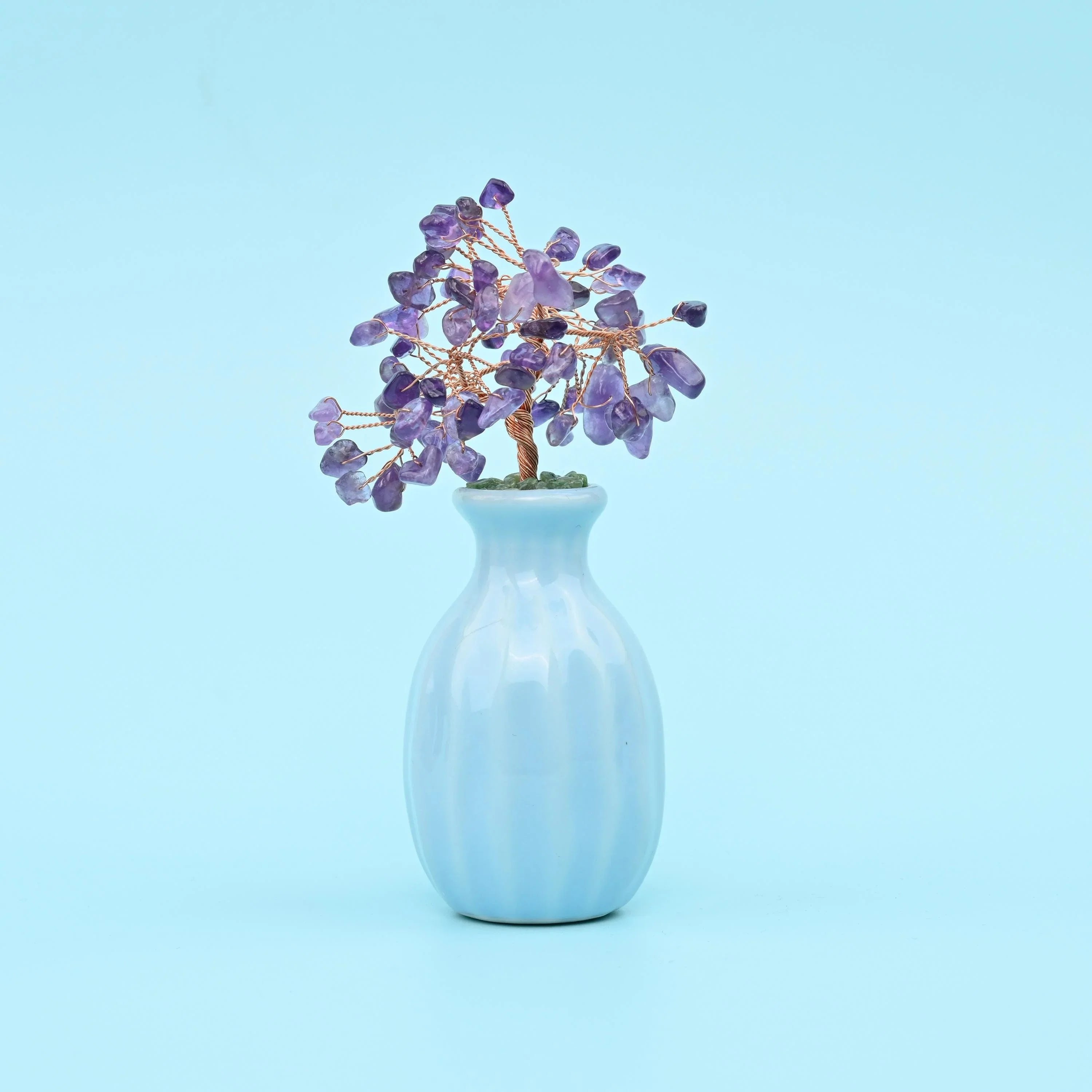 Blue Flower Ceramic Pot Gemstone Tree, a copper wire sculpture tree of life with natural gemstone leaves.