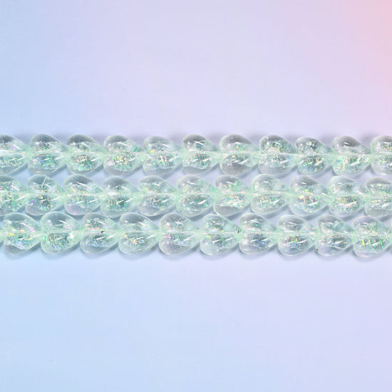 Iridescent Light Green Heart Glass Beads, 16x15mm, 24pc Strand