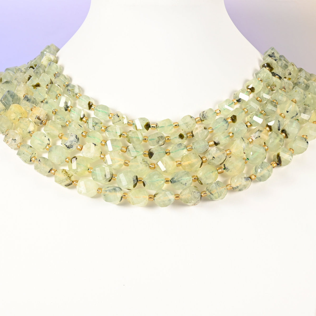 Prehnite beads, faceted spiral twist, 8mm 10mm