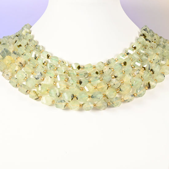 Prehnite beads, faceted spiral twist, 8mm 10mm