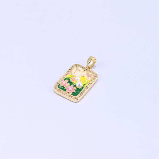 Brass rectangle charm with faux pearl accents and sparkling zircon border