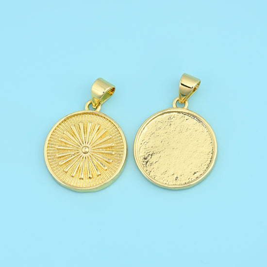 18K Gold Filled Sunburst Coin Medallion Charm 16.65mm in warm polished gold tone