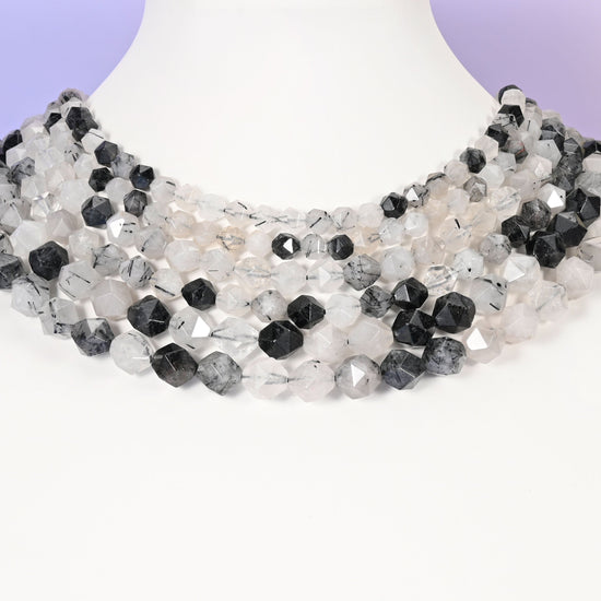 Black Rutilated Quartz beads, diamond star cut shape.