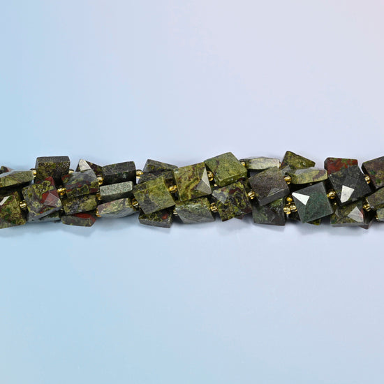 Strands of natural dragon blood stone faceted flat square beads twisted together in a horizontal row
