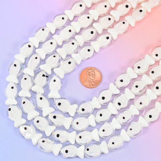 Fish shaped iridescent white glass beads