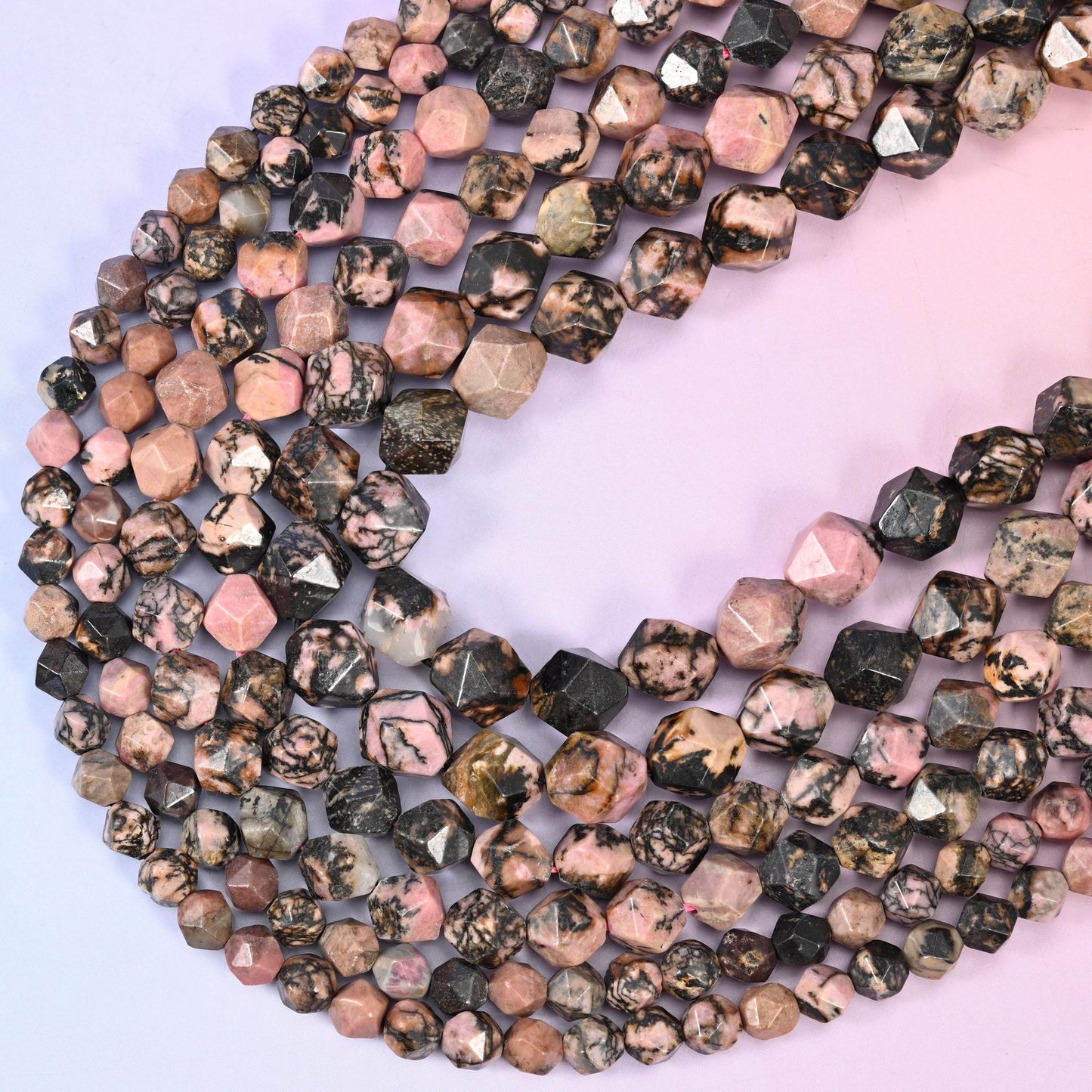 Black Line Rhodonite Faceted Diamond Star Cut Beads, 15.5 inch strand