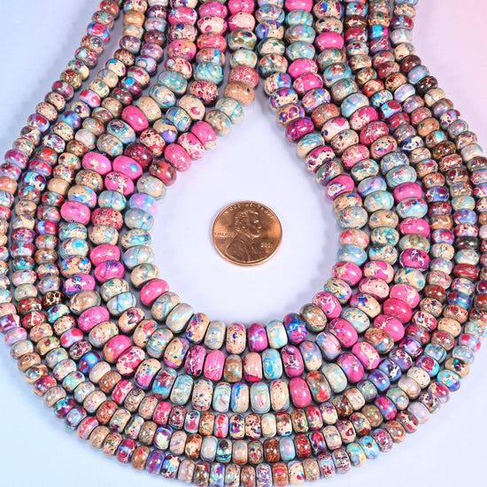 Purple Dyed Sea Sediment Jasper Rondelle Beads, Multicolor Gemstone, 4x6mm 5x8mm, 15 Inch Strand