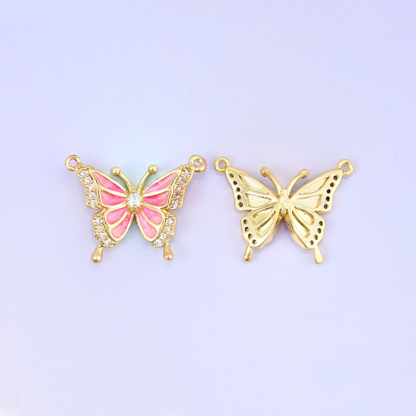 Enamel Pink Butterfly Zircon Pendants in blush pink enamel with clear zircon