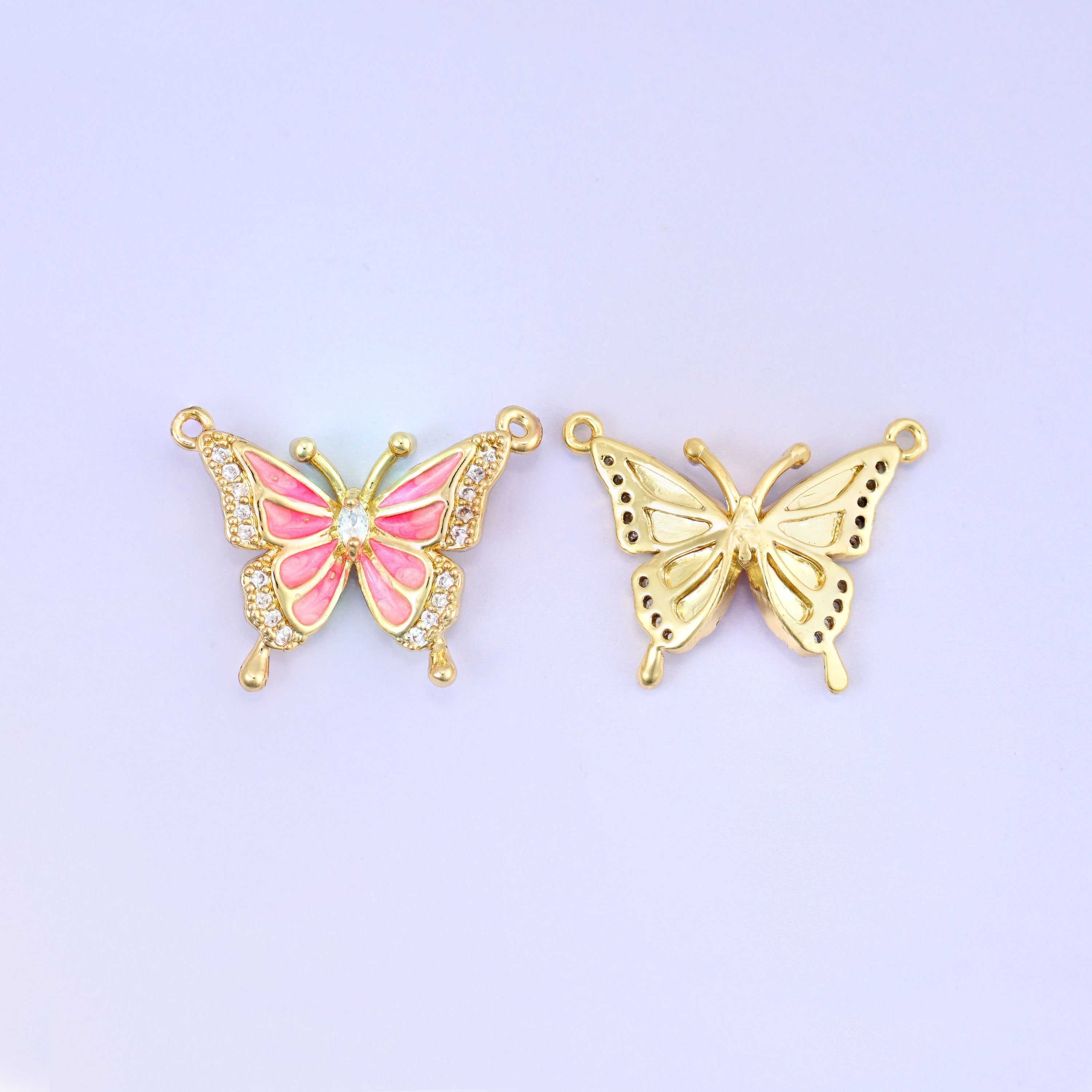 Enamel Pink Butterfly Zircon Pendants in blush pink enamel with clear zircon