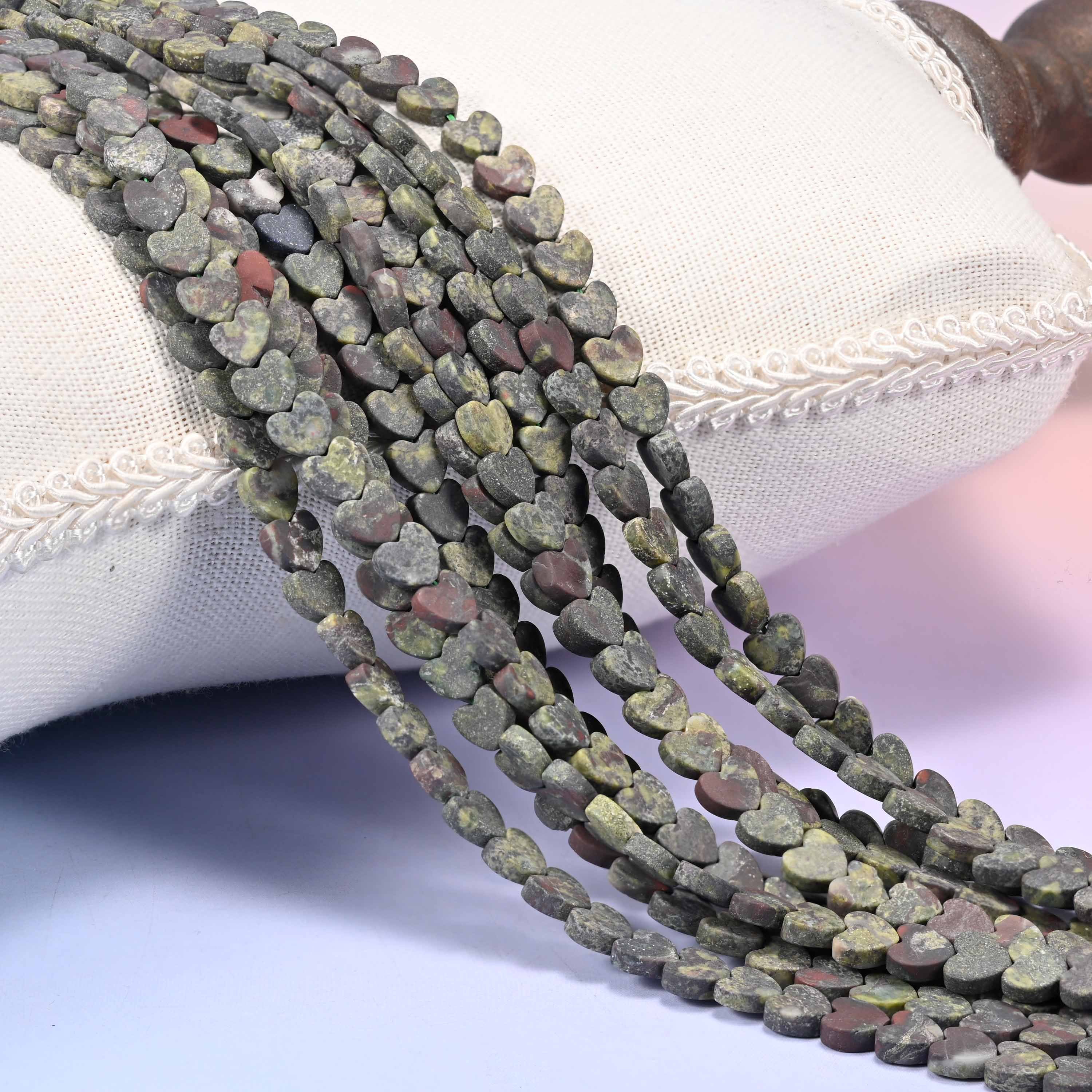 Matte Dragon Bloodstone Flat Heart Beads: Size 6mm, Jewelry Making, 15 Inch Strand