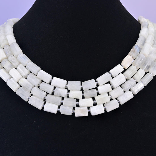White Moonstone beads, faceted tube, 12x8mm