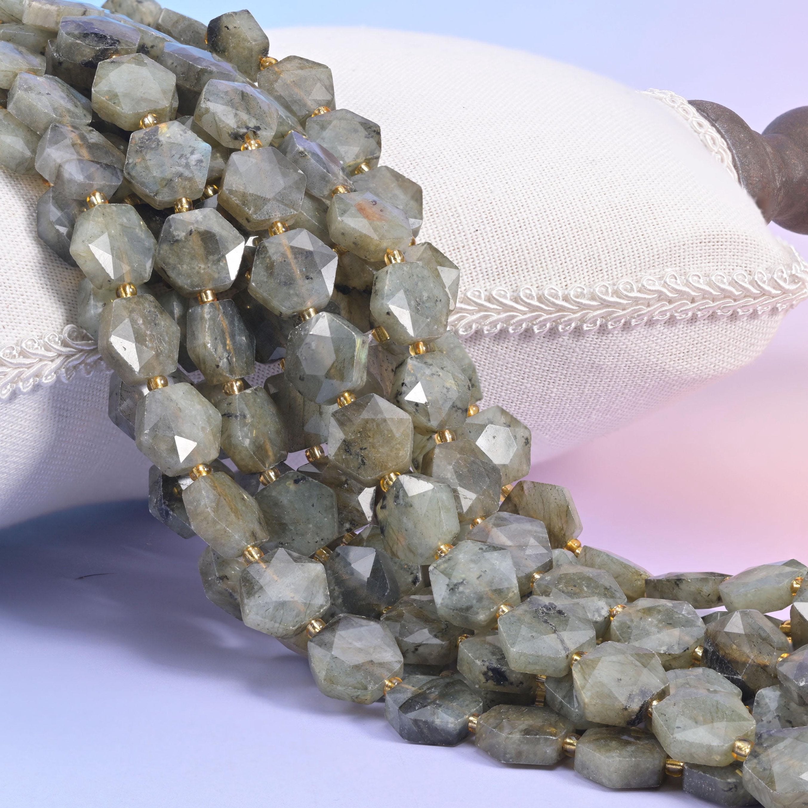 Gray Labradorite Flat Faceted Hexagon Beads, natural stone with blue and gold flash