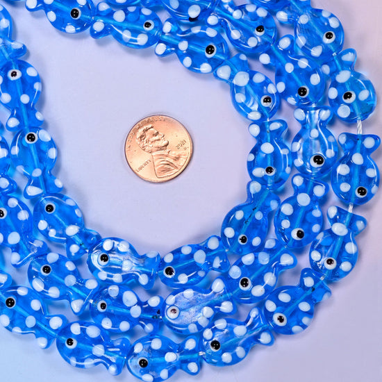 Transparent Blue with White Dot Fish Glass Beads: Jewelry Making Supply