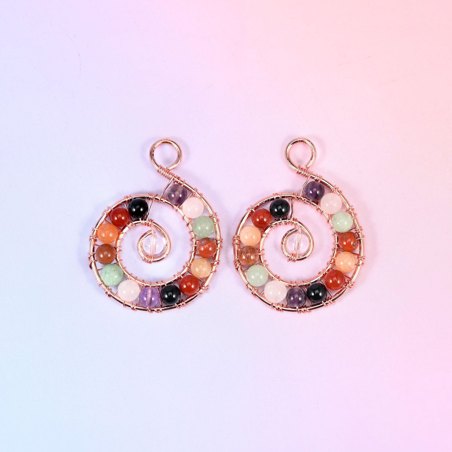 Chakra Gemstone Wired Spiral Pendant, 6mm round gemstone beads