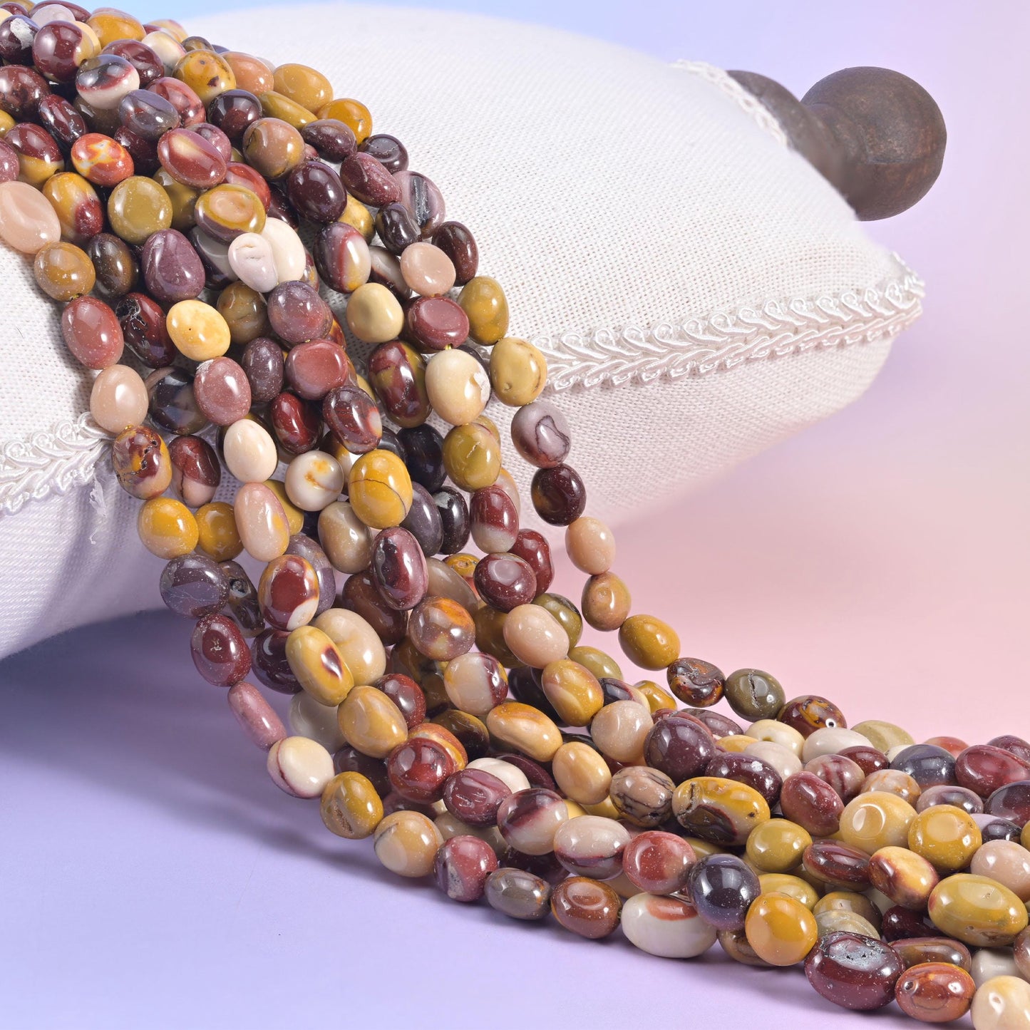 Mookaite Pebble Nugget Beads, tumbled nuggets in mustard yellow, cream, dusty mauve and deep plum-burgundy