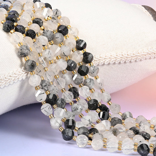 Black Rutilated Quartz Faceted Spiral Twist Beads 8mm 10mm