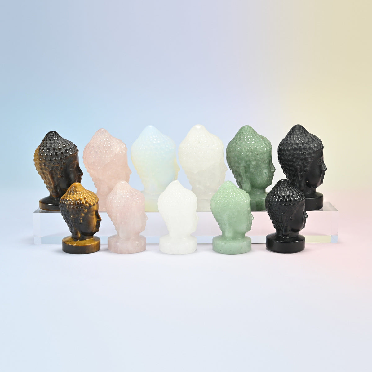 Two rows of Buddha head carvings, 2 inch at the back and 1.5 inch in front, in natural stones and opalite