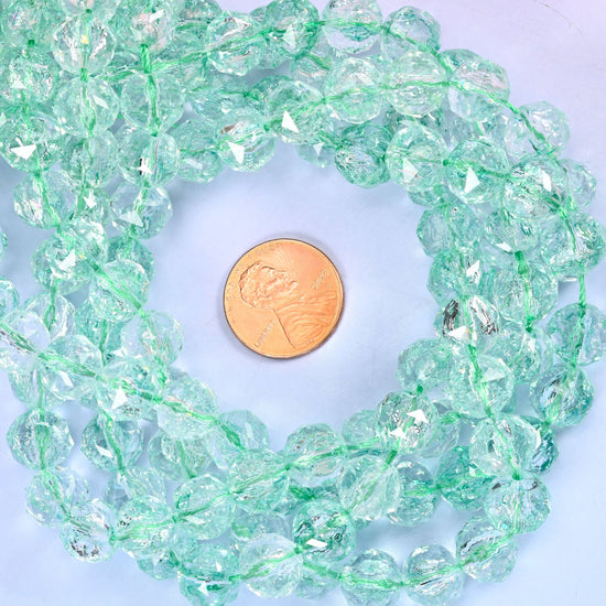 Transparent Green Faceted Round Glass Beads: Size 10mm, Jewelry Making Supply