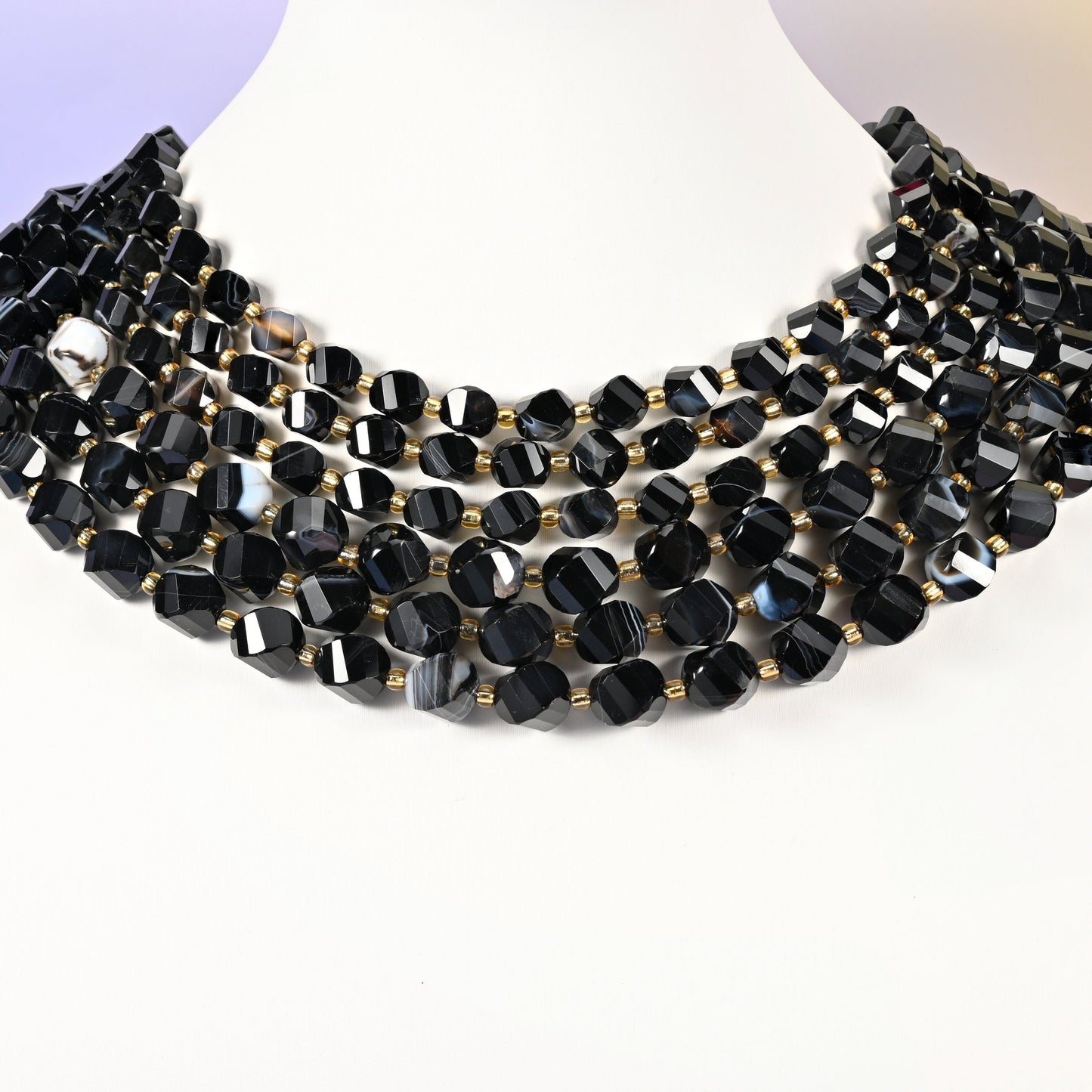 Dyed Black Strip Agate beads, faceted spiral twist, 8mm 10mm