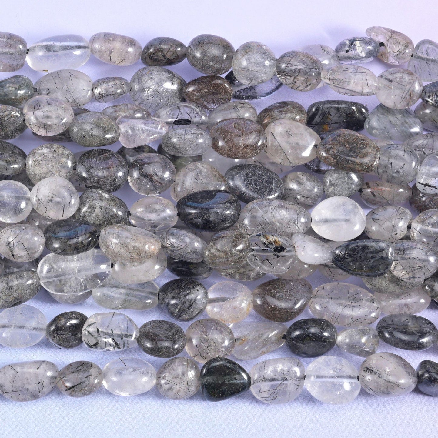 Black Rutilated Quartz Pebble Beads 6-8mm 8-12mm Jewelry Making 15.5" Strand