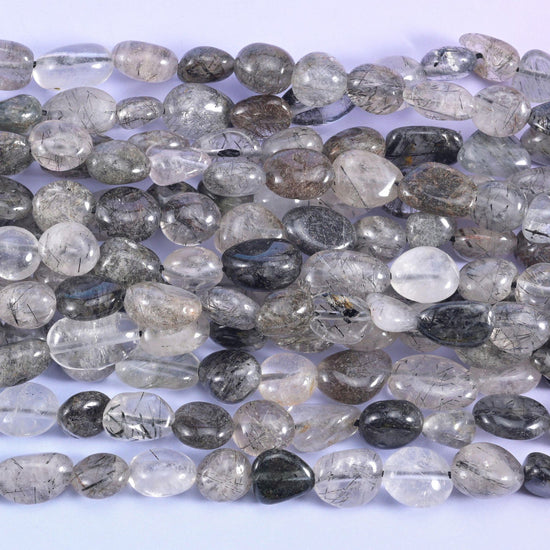 Black Rutilated Quartz Pebble Beads 6-8mm 8-12mm Jewelry Making 15.5" Strand