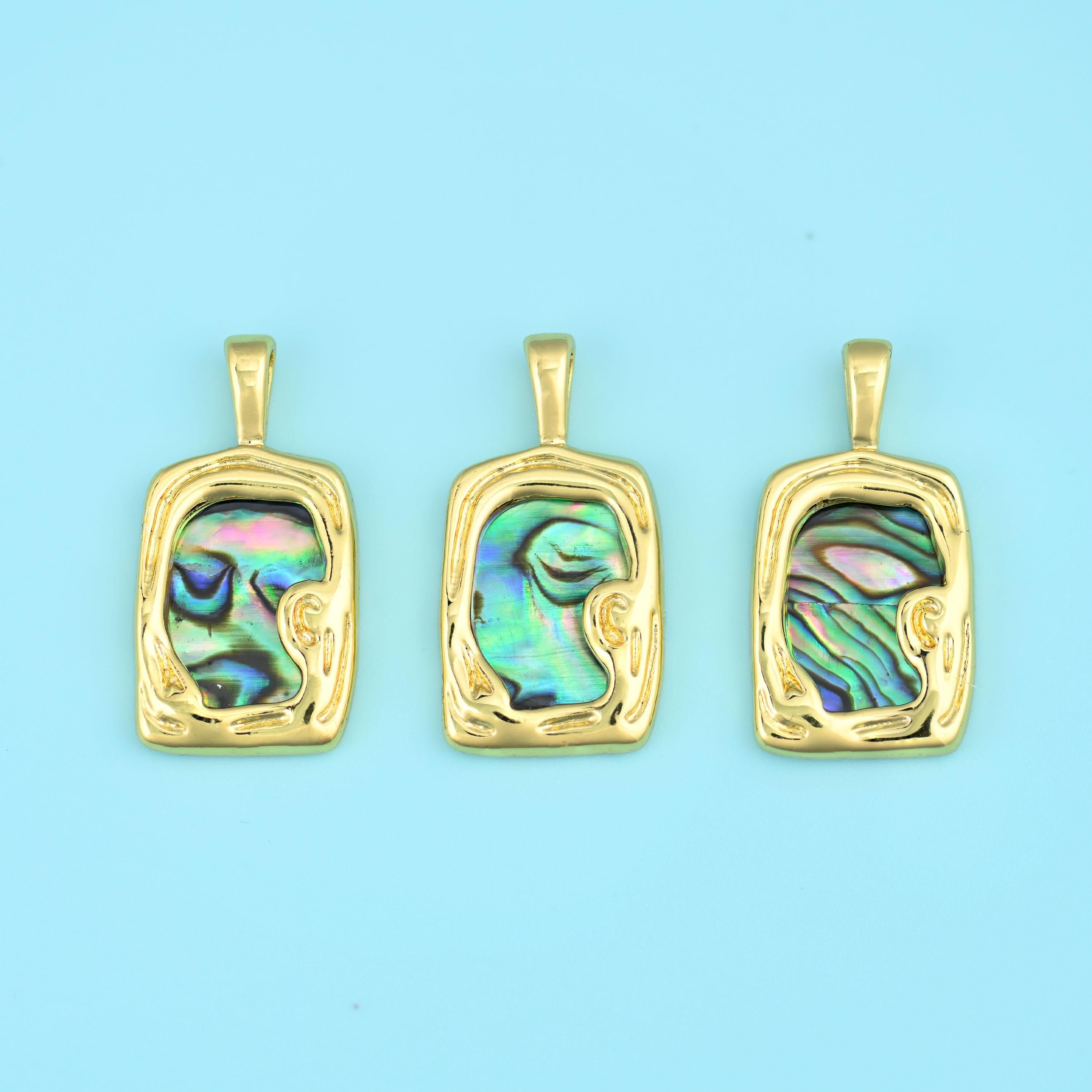 18K Gold Filled Rectangle Abalone Shell Pendant 17x12.7mm in gold frame with peacock green, blue, violet and rose shell