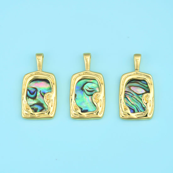18K Gold Filled Rectangle Abalone Shell Pendant 17x12.7mm in gold frame with peacock green, blue, violet and rose shell