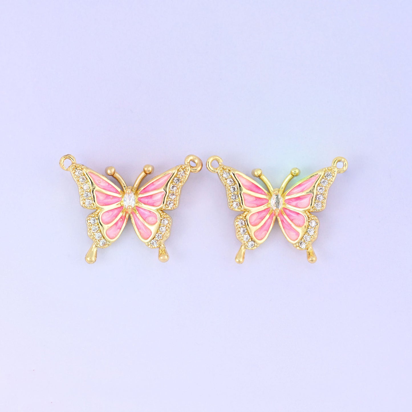 Pink butterfly zircon connector pendants, open wings, approximately 25.80x14.97mm