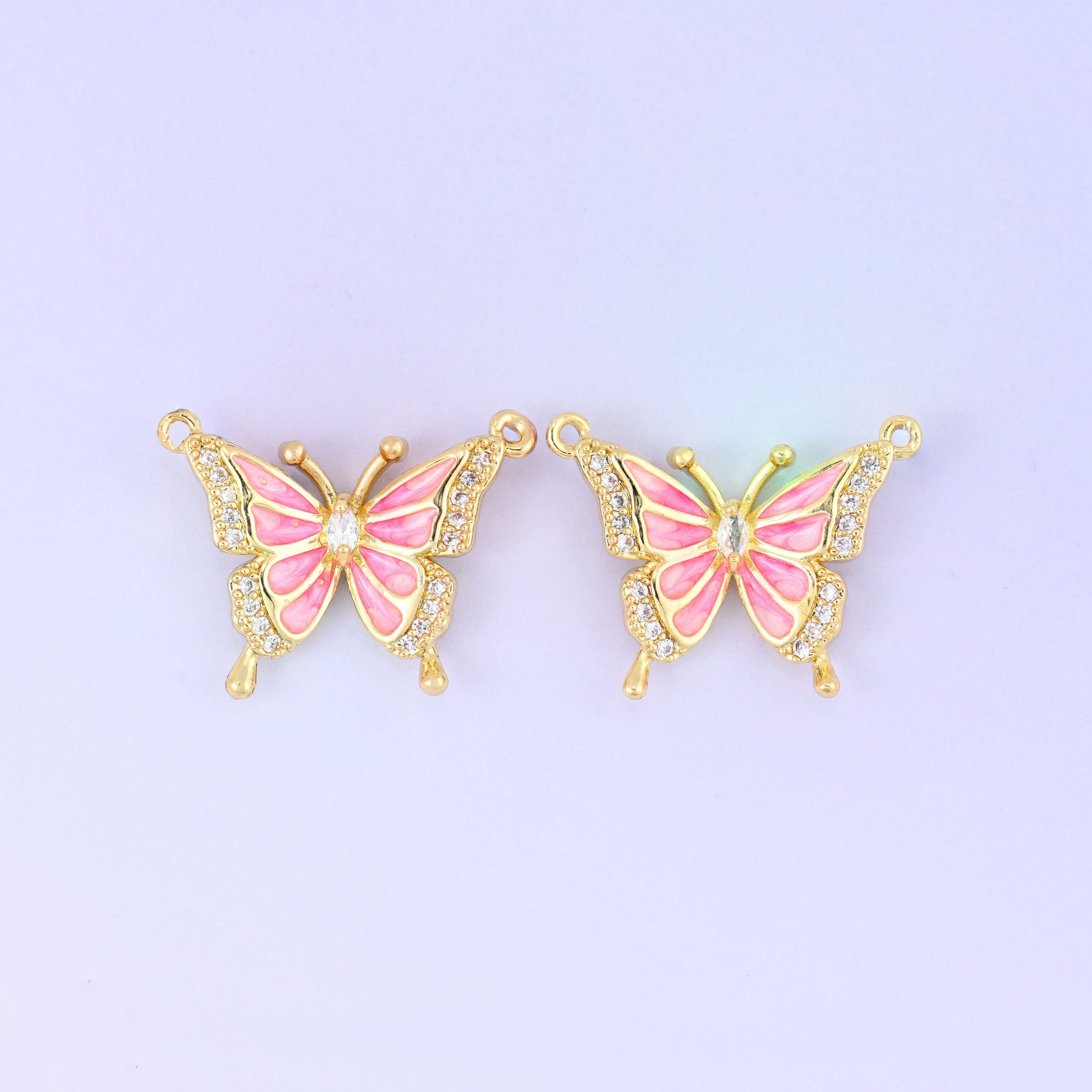 Pink butterfly zircon connector pendants, open wings, approximately 25.80x14.97mm
