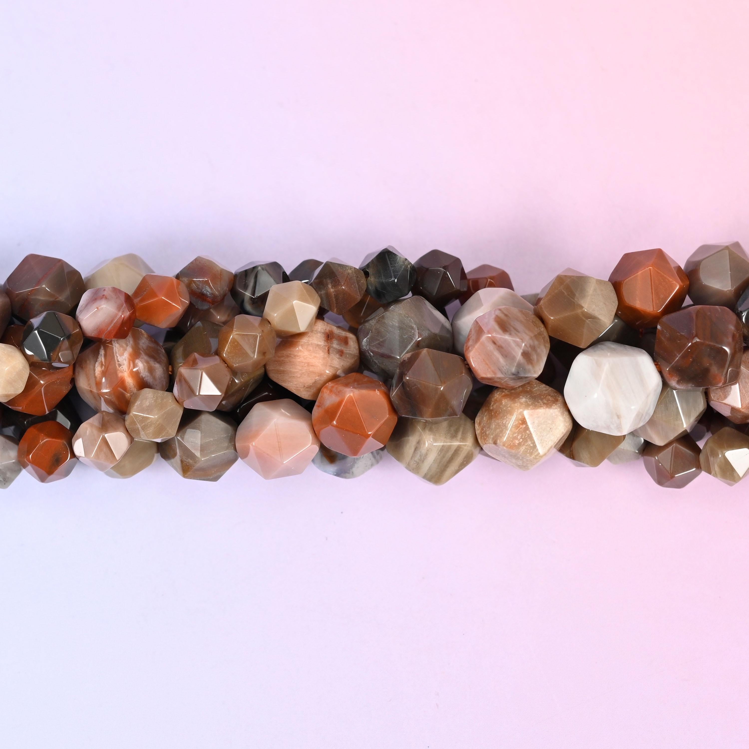 Natural Petrified Wood gemstone beads with a faceted star cut