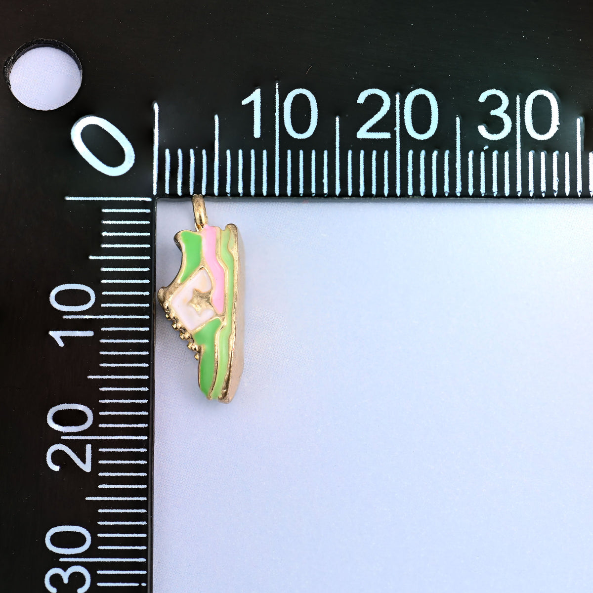 Green sneaker charm measured at 17.27 x 7.48mm including the small ring.