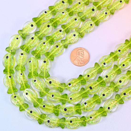 Fish shaped iridescent lime green glass beads