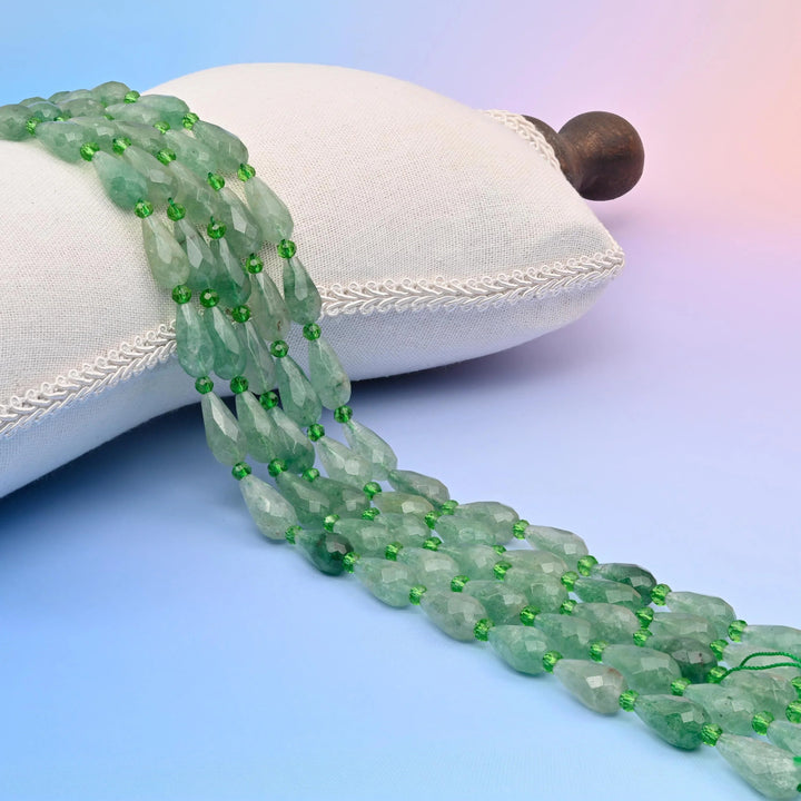 Natural Green Strawberry Quartz faceted teardrop beads, soft leaf green and semi-transparent