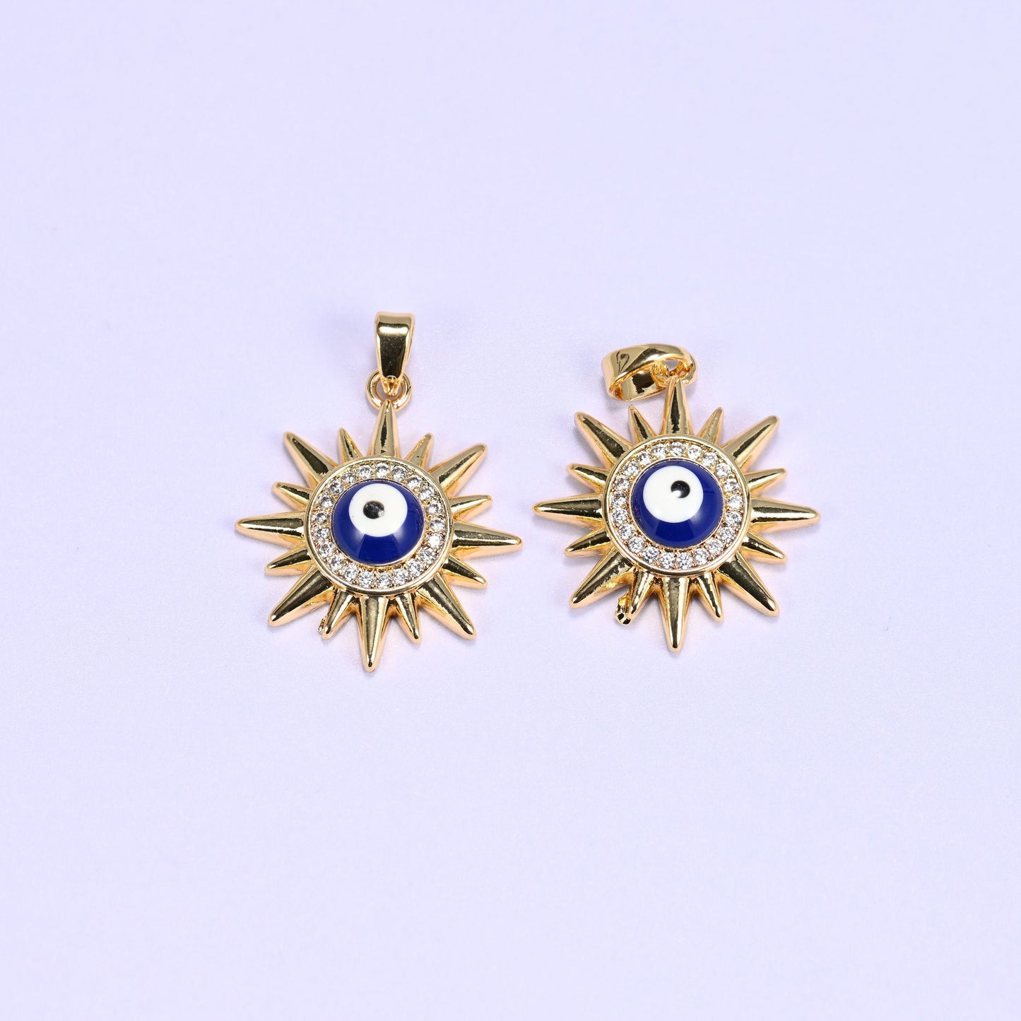 18K gold plated brass evil eye sun charm pendant, approx 22.16mm x 19.79mm