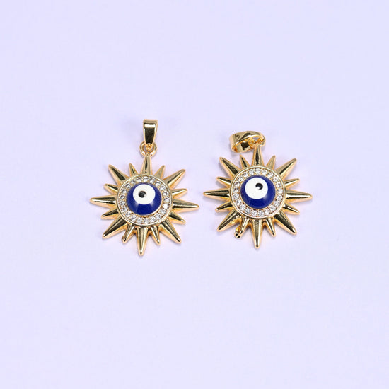 18K gold plated brass evil eye sun charm pendant, approx 22.16mm x 19.79mm