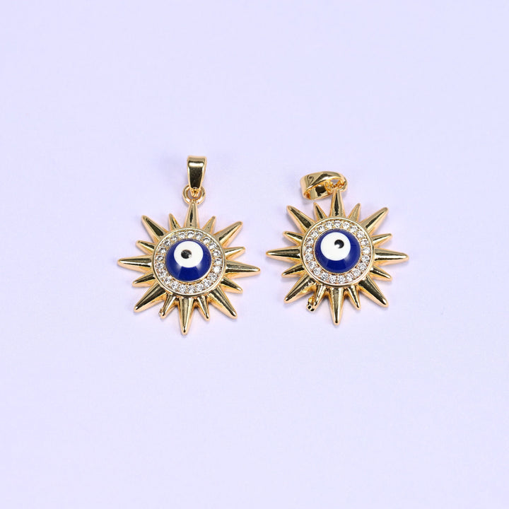 18K gold plated brass evil eye sun charm pendant, approx 22.16mm x 19.79mm
