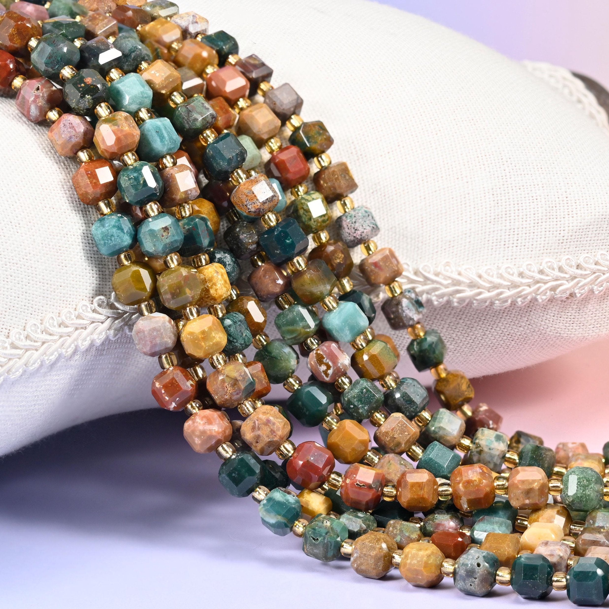 Ocean Agate Faceted Cube Beads, a mix of rust, ochre, teal and stone grey